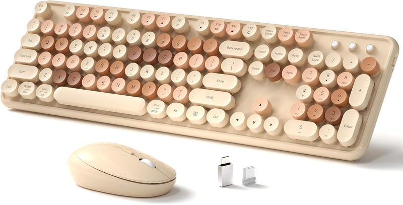 Links9+ Wireless Keyboard and Mouse, Full-Size Retro Typewriter Keyboard with Round Keycaps, 2.4GHz for Windows, Mac, Laptop, PC, Desktop (Milky Tea Colorful) - Image 1
